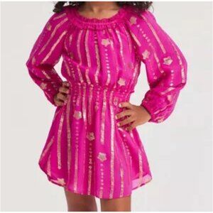 LoveShackFancy Mini Popover Dress Very Berry Pink 2-3Y Gold Lurex Stripes NWT